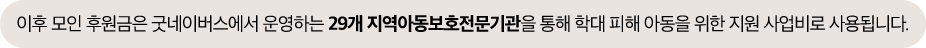 이후 모인 후원금은 굿네이버스에서 운영하는 29개 지역아동보호전문기관을 통해 학대 피해 아동을 위한 지원 사업비로 사용됩니다.