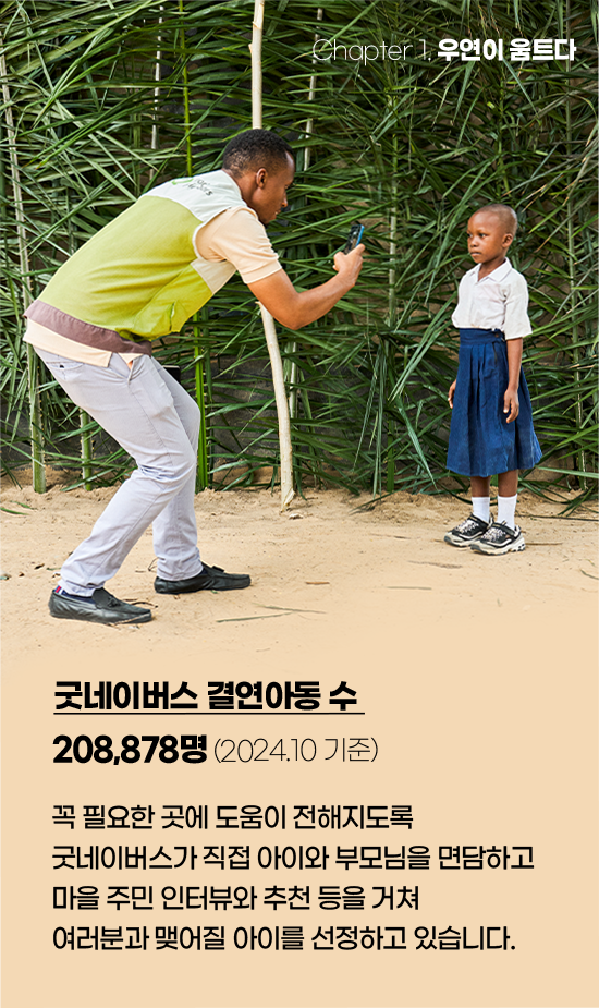 Chapter 1.우연이 움트다굿네이버스 결연아동 수208,878명(2024.10 기준)꼭 필요한 곳에 도움이 전해지도록굿네이버스가 직접 아이와 부모님을 면담하고마을 주민 인터뷰와 추천 등을 거쳐여러분과 맺어질 아이를 선정하고 있습니다.