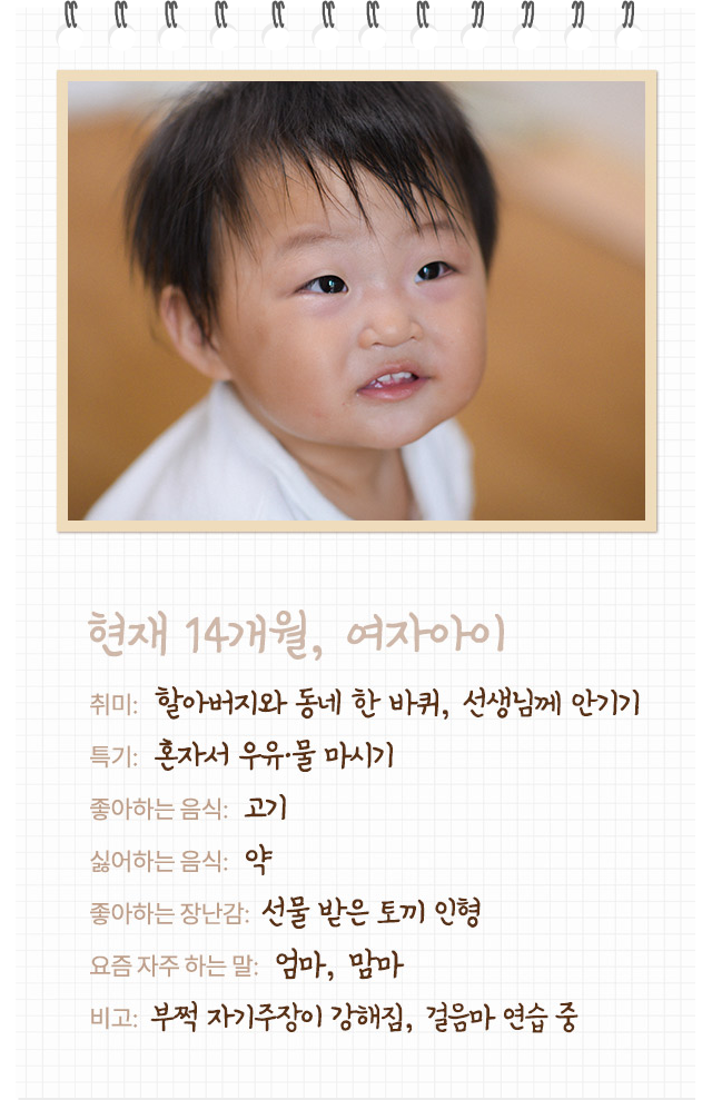 현재 14개월, 여자아이취미:  할아버지와 동네 한 바퀴, 선생님께 안기기특기:  혼자서 우유·물 마시기좋아하는 음식:  고기싫어하는 음식:  약좋아하는 장난감:  선물 받은 토끼 인형요즘 자주 하는 말:  엄마, 맘마비고:   부쩍 자기주장이 강해짐, 걸음마 연습 중
