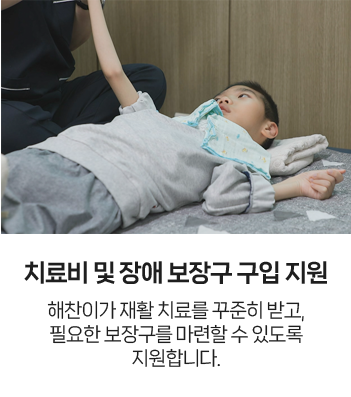 치료비 및 장애 보장구 구입 지원 : 해찬이가 재활 치료를 꾸준히 받고, 필요한 보장구를 마련할 수 있도록 지원합니다.
