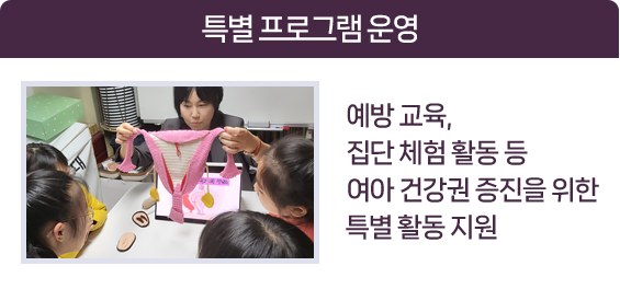 특별 프로그램 운영 예방 교육, 집단 체험 활동 등​ 여아 건강권 증진을 위한 ​특별 활동 지원​