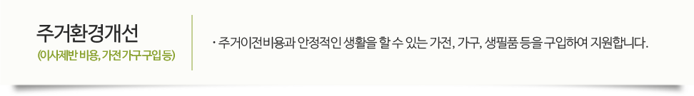 주거환경개선(이사제반 비용, 가전 가구 구입 등) 주거이전비용과 안정적인 생활을 할 수 있는 가전, 가구, 생필품 등을 구입하여 지원합니다.