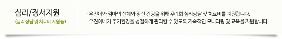 심리/정서지원(심리 상담 및 치료비 지원 등) 우진이와 엄마의 신체와 정신 건강을 위해 주 1회 심리상담 및 치료비를 지원합니다. 우진이네가 주거환경을 청결하게 관리할 수 있도록 지속적인 모니터링 및 교육을 지원합니다.