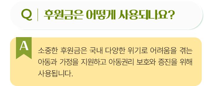 후원금은 어떻게 사용되나요? 소중한 후원금은 국내 다양한 위기로 어려움을 겪는아동과 가정을 지원하고 아동권리 보호와 증진을 위해 사용됩니다.