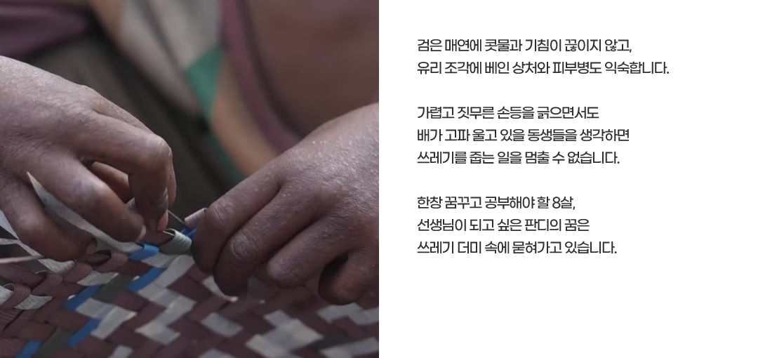 검은 매연에 콧물과 기침이 끊이지 않고,유리 조각에 베인 상처와 피부병도 익숙합니다.가렵고 짓무른 손등을 긁으면서도배가 고파 울고 있을 동생들을 생각하면쓰레기를 줍는 일을 멈출 수 없습니다.한창 꿈꾸고 공부해야 할 8살,선생님이 되고 싶은 판디의 꿈은쓰레기 더미 속에 묻혀가고 있습니다.