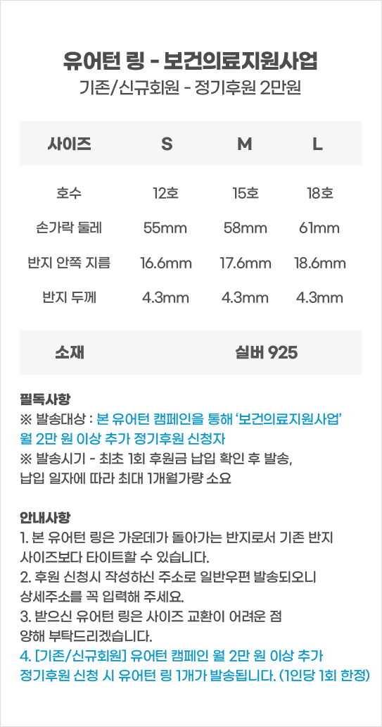유어턴 링 - 보건의료지원사업기존/신규회원 - 정기후원 2만원필독사항※ 발송대상 : 본 유어턴 캠페인을 통해 ‘보건의료지원사업’월 2만 원 이상 추가 정기후원 신청자※ 발송시기 - 최초 1회 후원금 납입 확인 후 발송,납입 일자에 따라 최대 1개월가량 소요안내사항1. 본 유어턴 링은 가운데가 돌아가는 반지로서 기존 반지사이즈보다 타이트할 수 있습니다.2. 후원 신청시 작성하신 주소로 일반우편 발송되오니상세주소를 꼭 입력해 주세요.3. 받으신 유어턴 링은 사이즈 교환이 어려운 점양해 부탁드리겠습니다.4. [기존/신규회원] 유어턴 캠페인 월 2만 원 이상 추가정기후원 신청 시 유어턴 링 1개가 발송됩니다. (1인당 1회 한정)